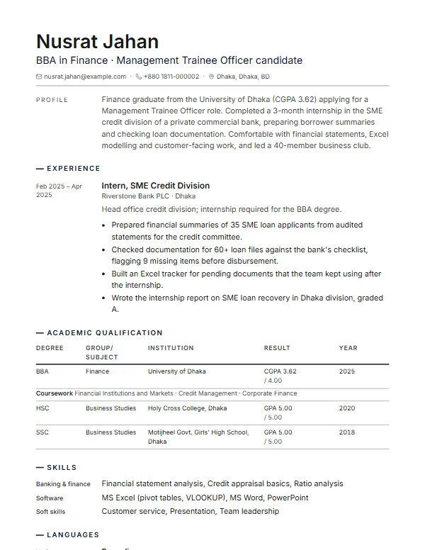 Page 1 of the Bank job sample CV, in the Padma template