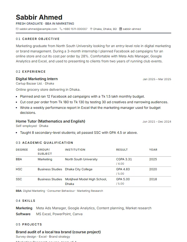 Page 1 of the Fresher sample CV, in the Shapla template