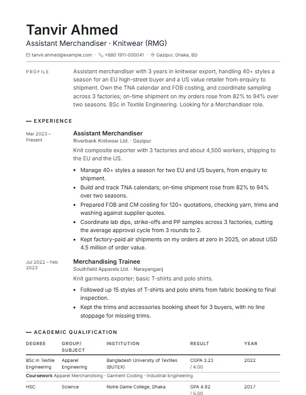 Page 1 of the Garments merchandiser sample CV, in the Padma template