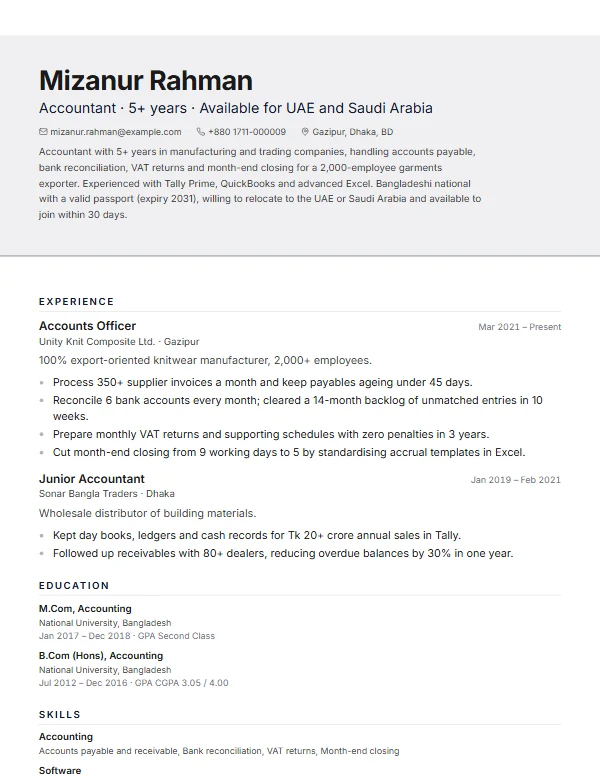 Page 1 of the Gulf jobs (UAE, Saudi Arabia, Qatar, Kuwait, Oman) sample CV, in the Professional template