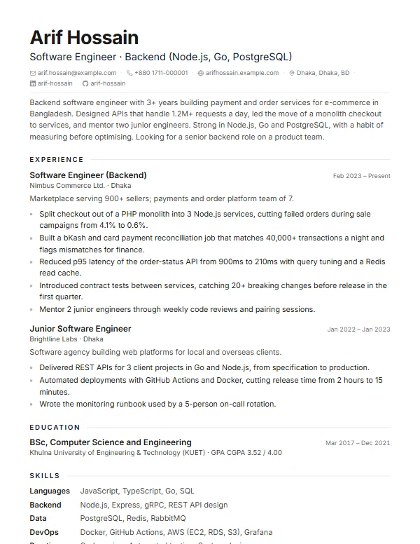 Page 1 of the Software engineer sample CV, in the Modern template