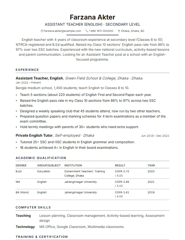 Page 1 of the Teacher sample CV, in the Dhaka template
