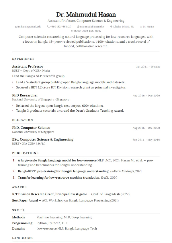 Academic CV template preview