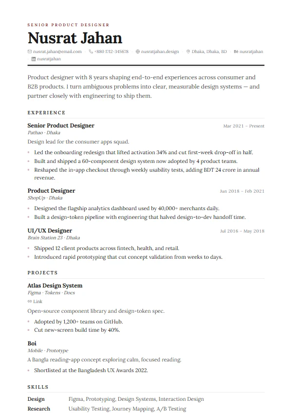 Editorial CV template preview