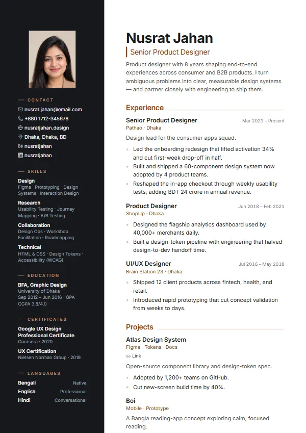 Noir CV template preview